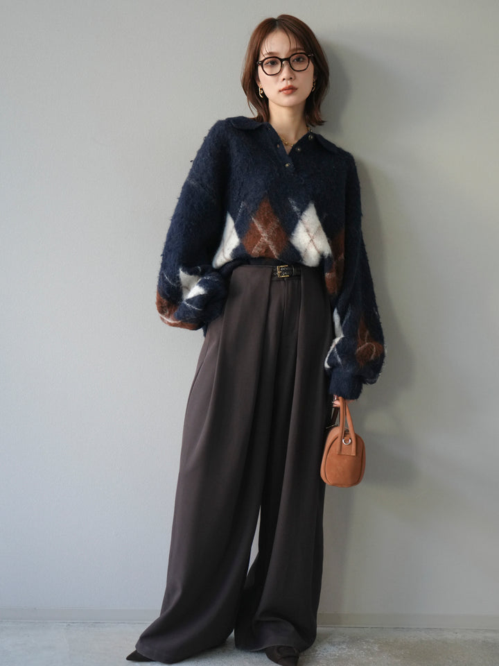 [SET]アーガイル柄ルーズポロニットプルオーバー+ベルトループデザインワイドパンツ(2set)