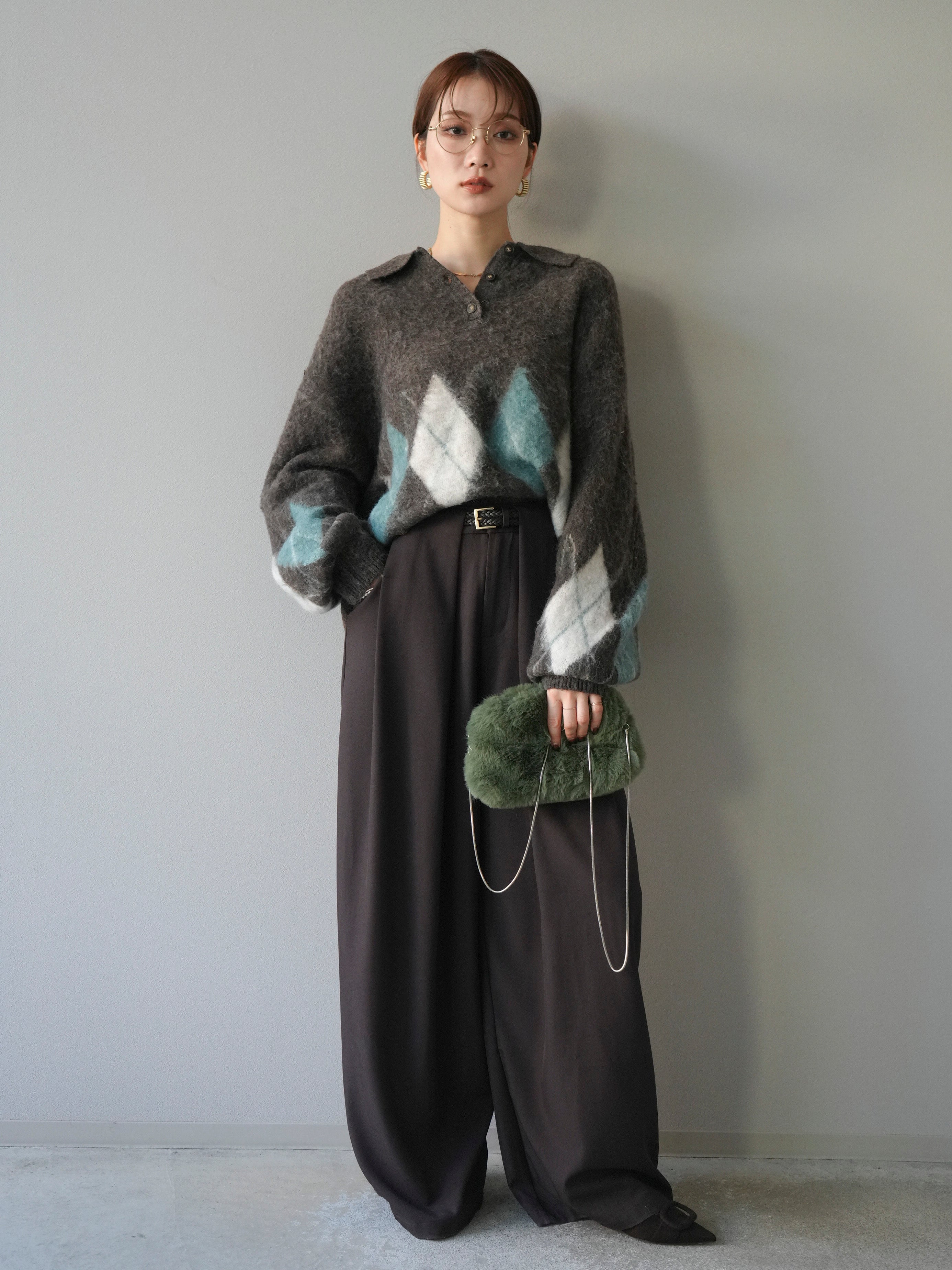 SET]アーガイル柄ルーズポロニットプルオーバー+ベルトループデザイン