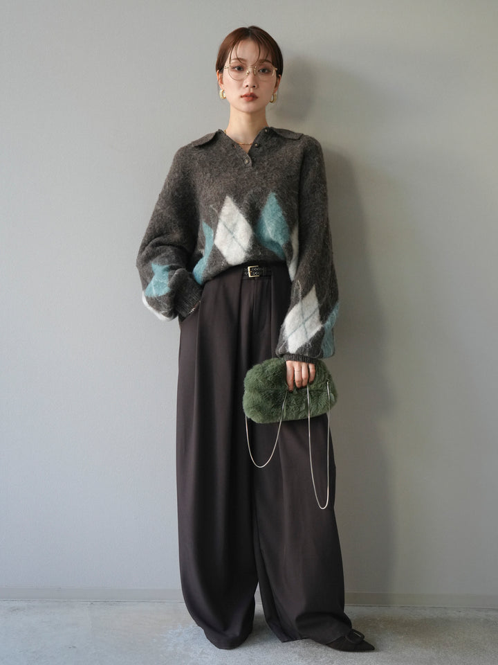 [SET]アーガイル柄ルーズポロニットプルオーバー+ベルトループデザインワイドパンツ(2set)