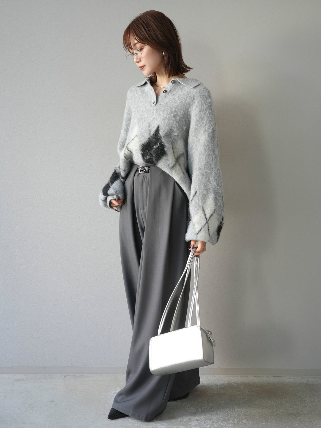 [SET]アーガイル柄ルーズポロニットプルオーバー+ベルトループデザインワイドパンツ(2set)