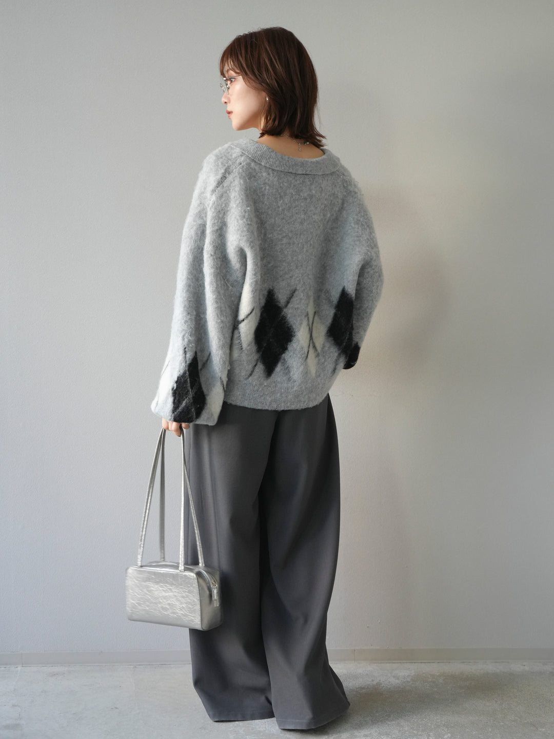 [SET]アーガイル柄ルーズポロニットプルオーバー+ベルトループデザインワイドパンツ(2set)