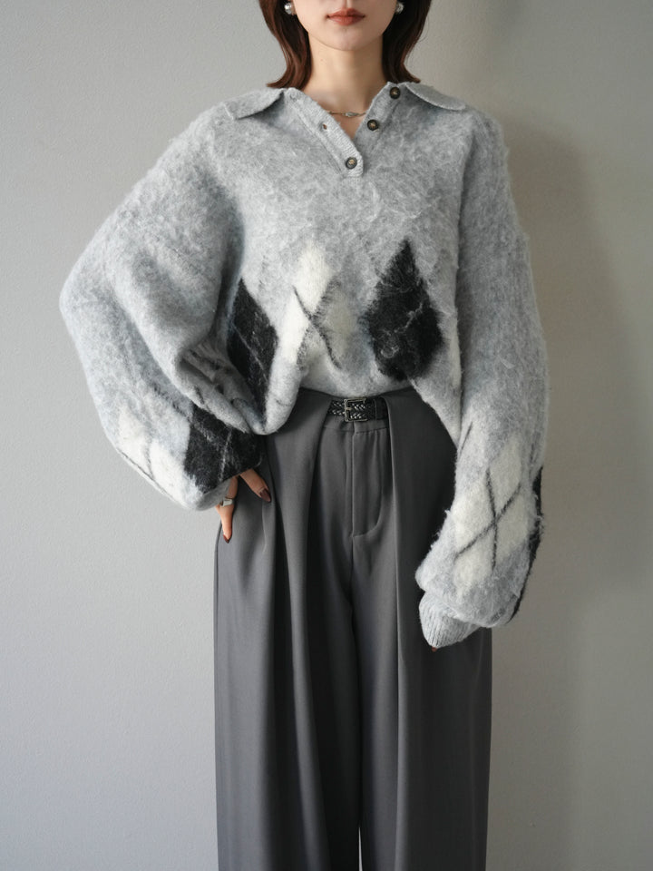 [SET]アーガイル柄ルーズポロニットプルオーバー+ベルトループデザインワイドパンツ(2set)