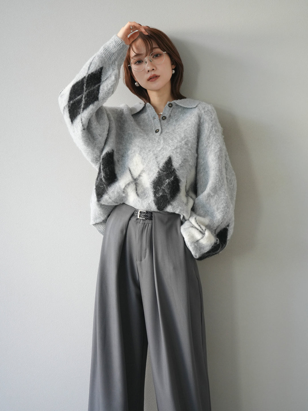 [予約]アーガイル柄ルーズポロニットプルオーバー/gray