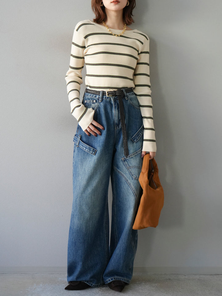 【SET】後開條紋毛圈羅紋上衣+畫家曲線牛仔褲（2件組）