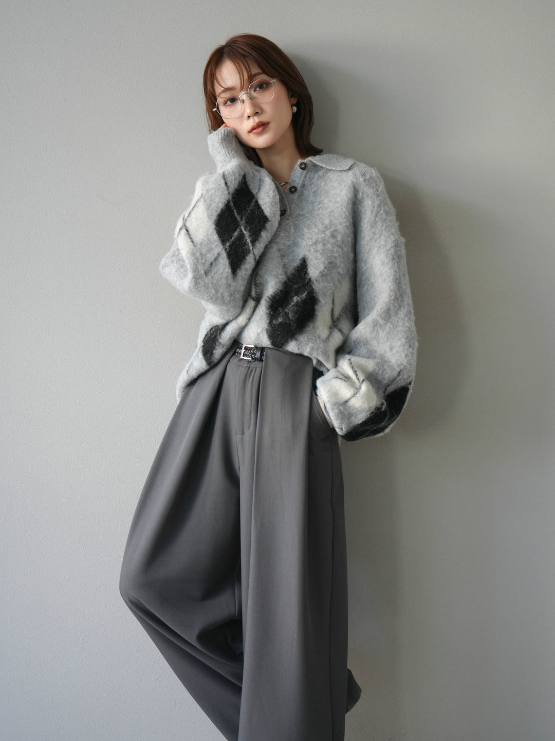 [SET]アーガイル柄ルーズポロニットプルオーバー+ベルトループデザインワイドパンツ(2set)