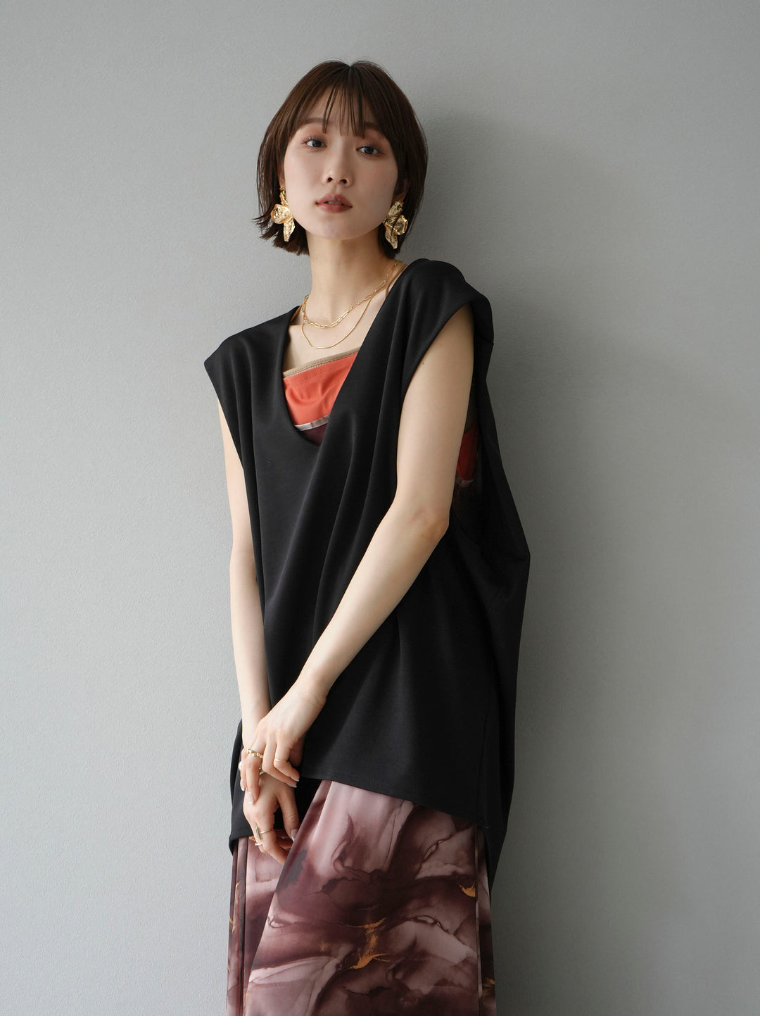 [Pre-order] Nuanced pattern tulle layered cami dress/brown