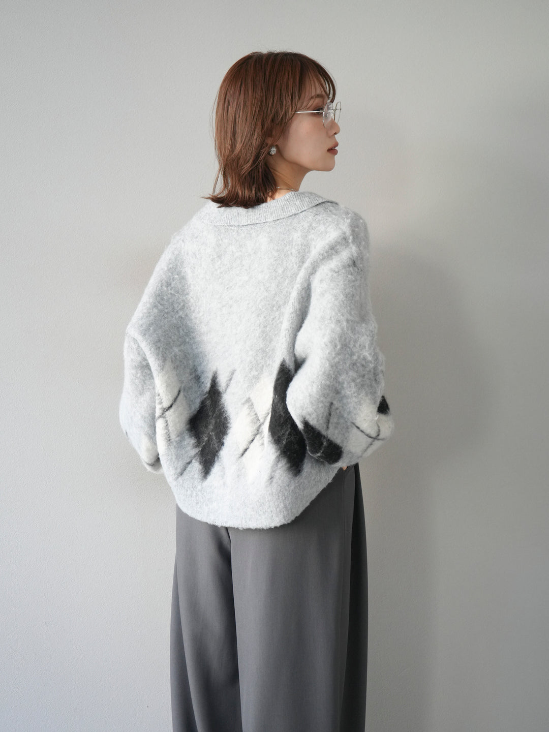 [SET]アーガイル柄ルーズポロニットプルオーバー+ベルトループデザインワイドパンツ(2set)