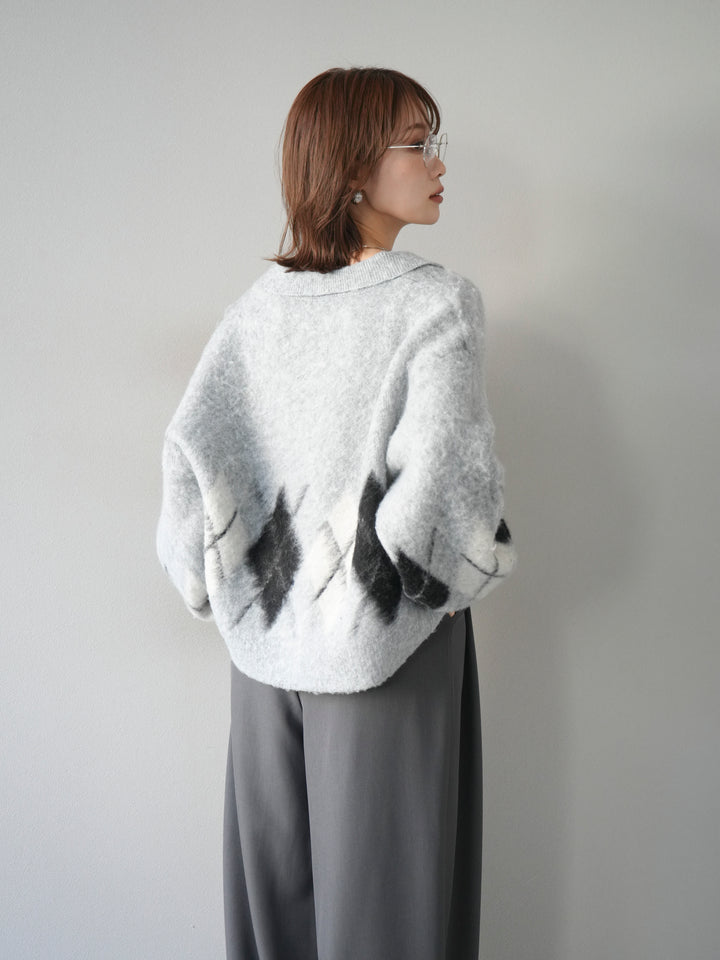 [SET]アーガイル柄ルーズポロニットプルオーバー+ベルトループデザインワイドパンツ(2set)