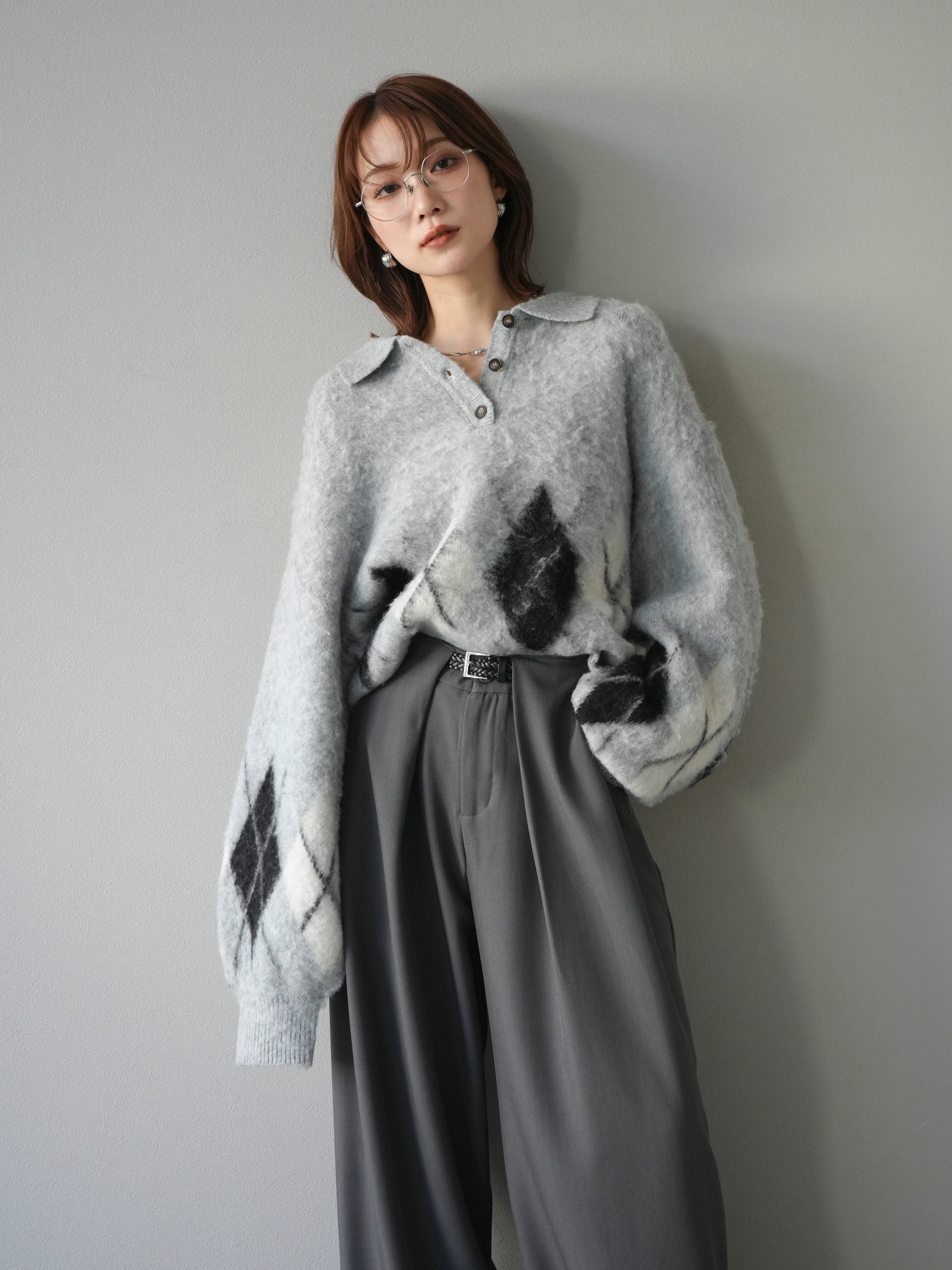 SET]アーガイル柄ルーズポロニットプルオーバー+ベルトループデザイン