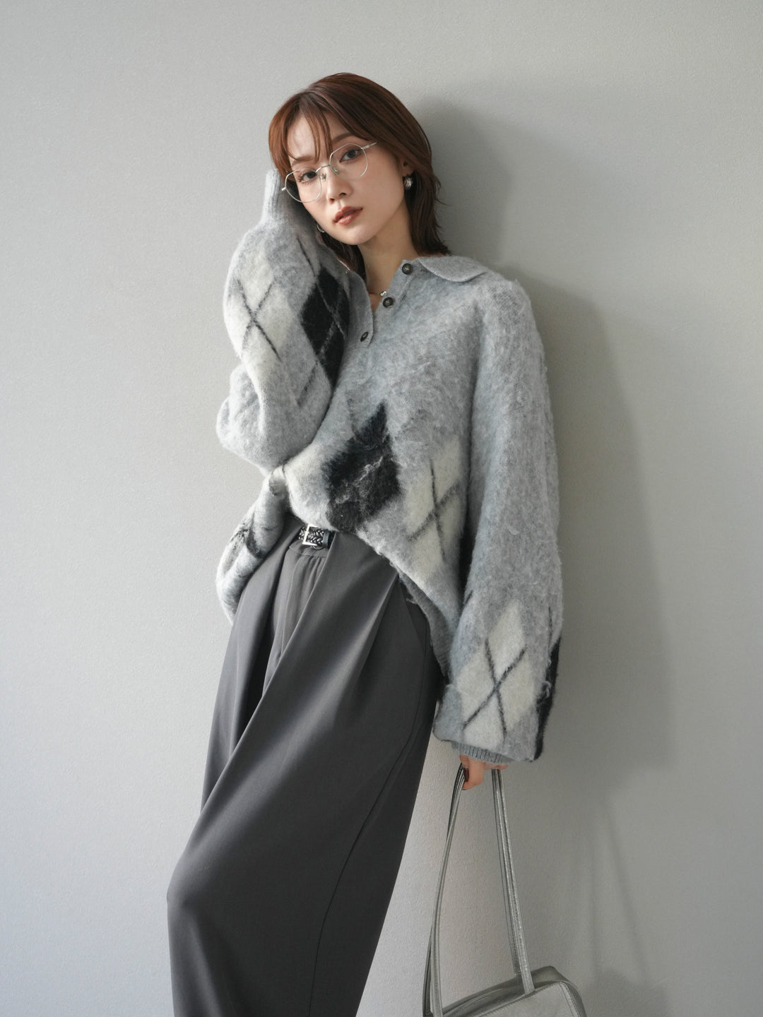 [予約]アーガイル柄ルーズポロニットプルオーバー/gray