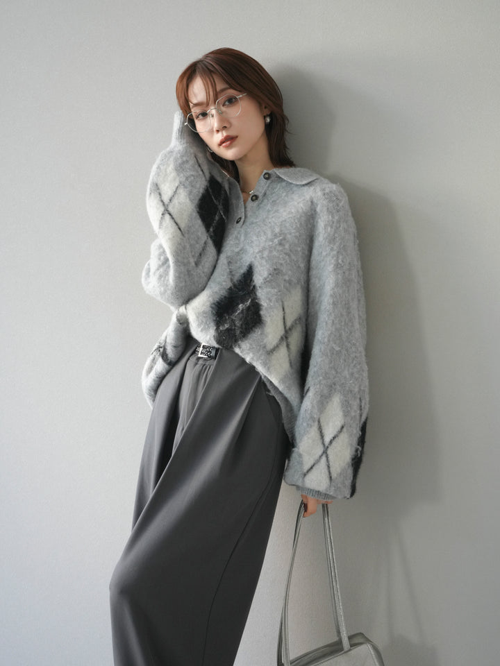 [予約]アーガイル柄ルーズポロニットプルオーバー/gray