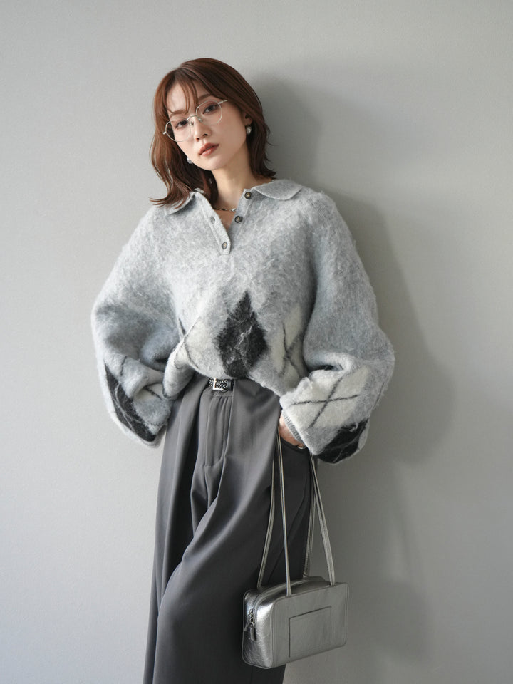 [予約]アーガイル柄ルーズポロニットプルオーバー/gray