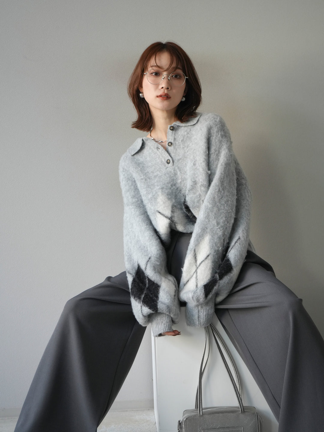 [予約]アーガイル柄ルーズポロニットプルオーバー/gray