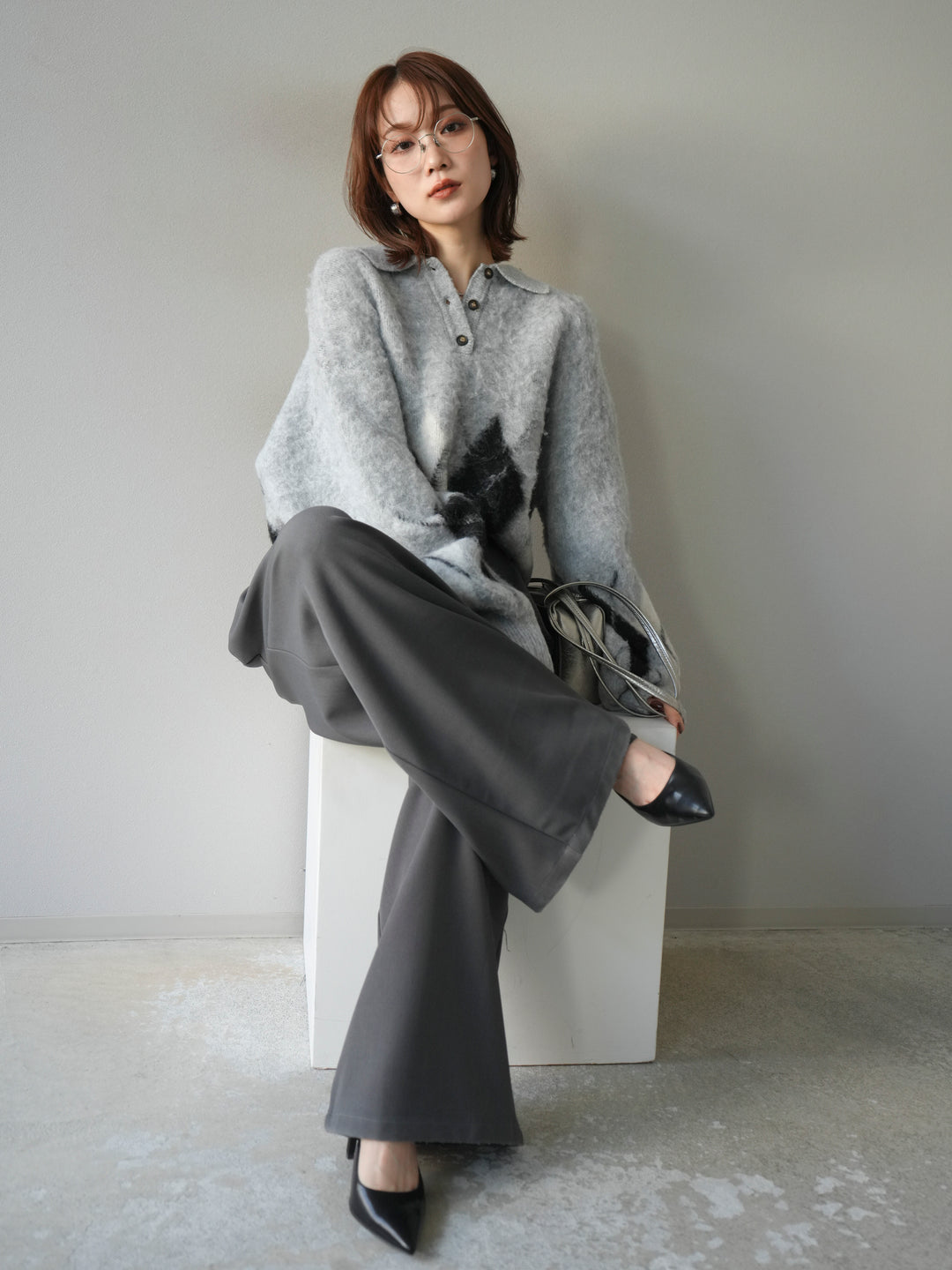 [予約]アーガイル柄ルーズポロニットプルオーバー/gray