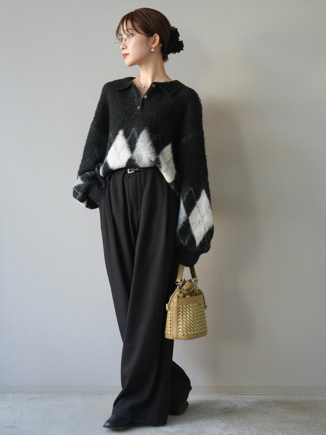 [SET]アーガイル柄ルーズポロニットプルオーバー+ベルトループデザインワイドパンツ(2set)