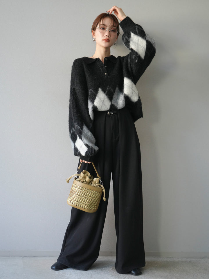 [SET]アーガイル柄ルーズポロニットプルオーバー+ベルトループデザインワイドパンツ(2set)