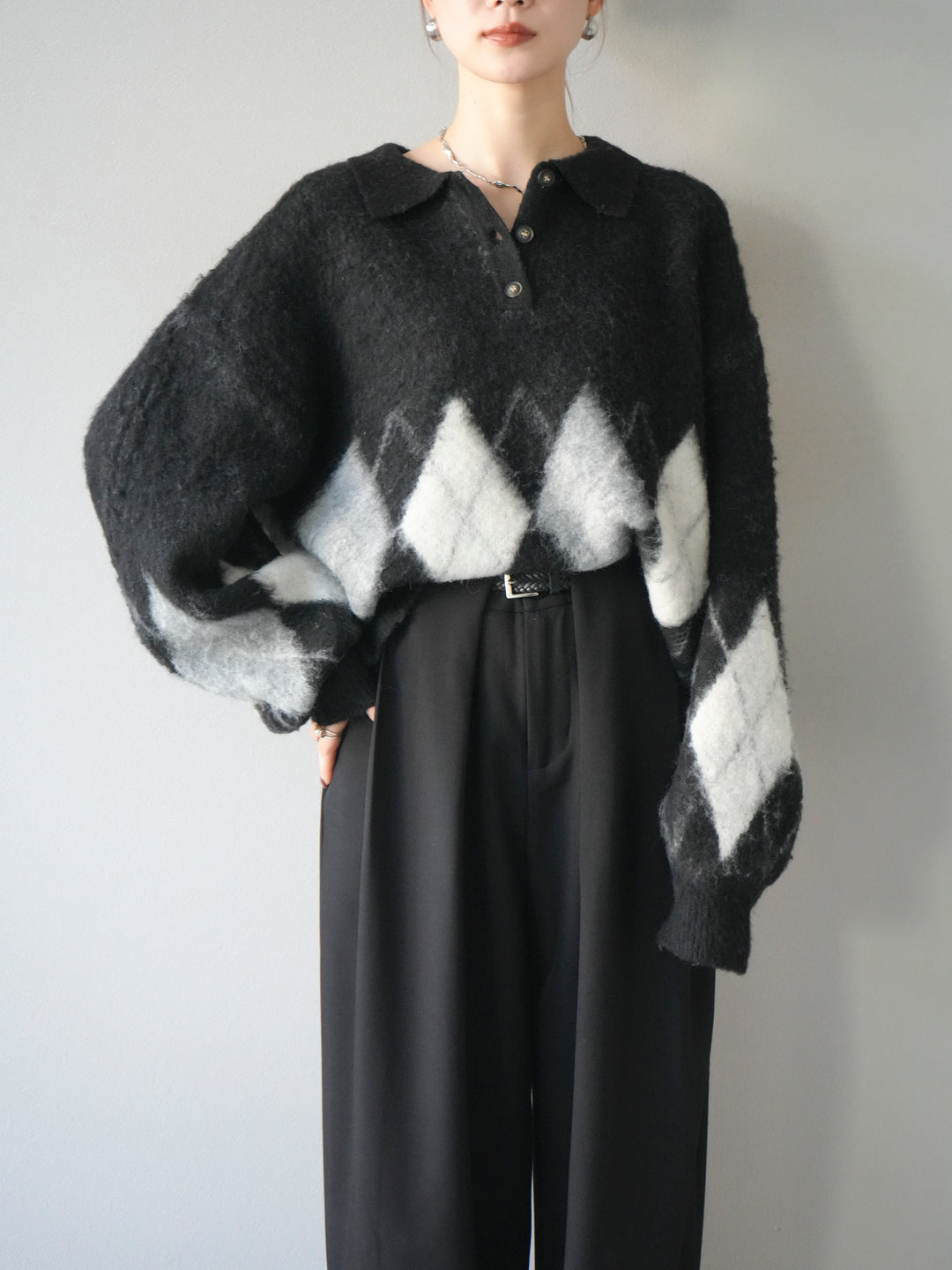 [SET]アーガイル柄ルーズポロニットプルオーバー+ベルトループデザインワイドパンツ(2set)