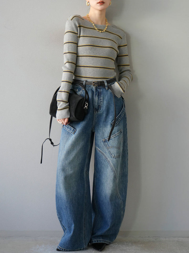 【SET】後開條紋毛圈羅紋上衣+畫家曲線牛仔褲（2件組）