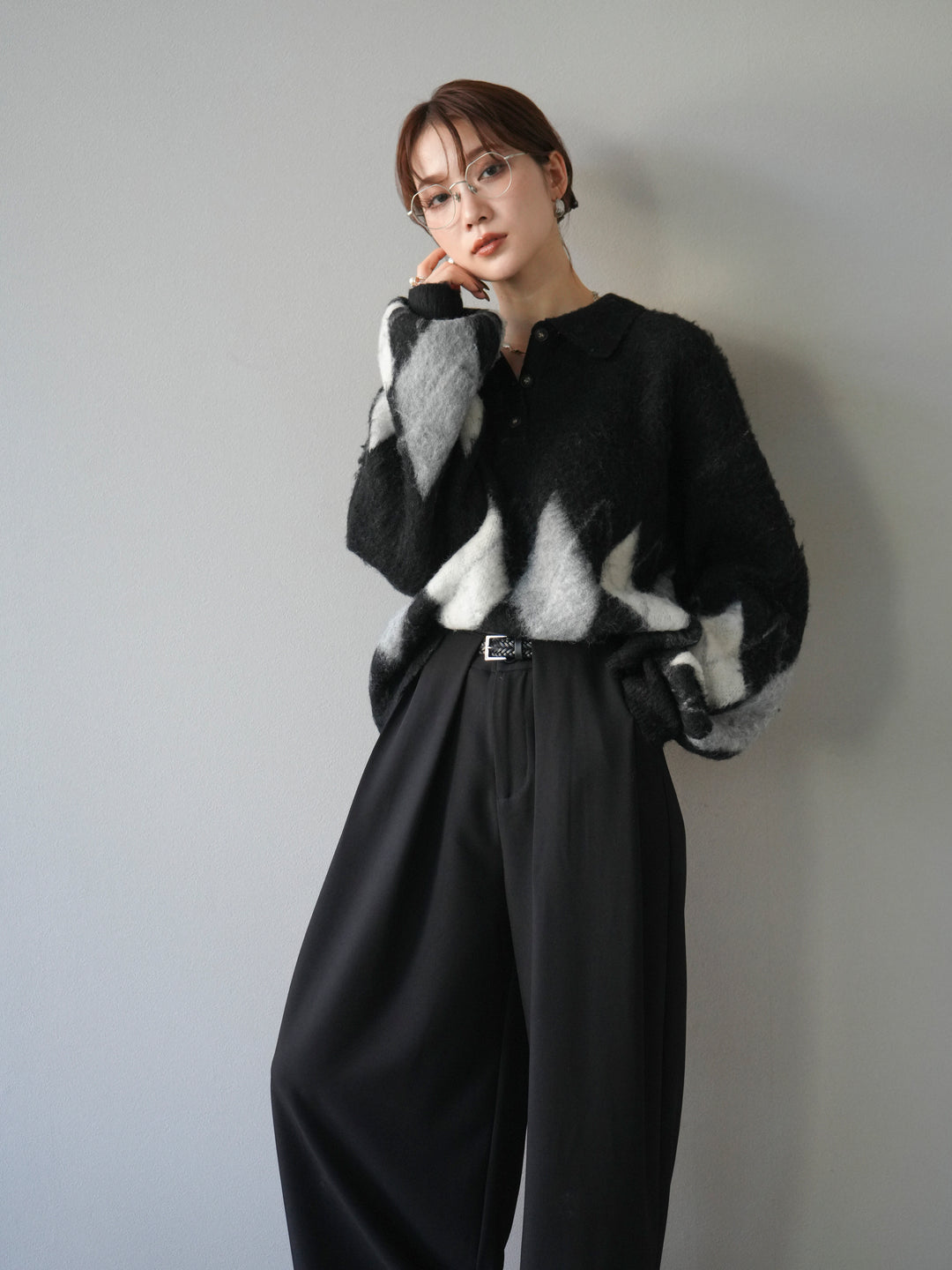 [予約]アーガイル柄ルーズポロニットプルオーバー/black