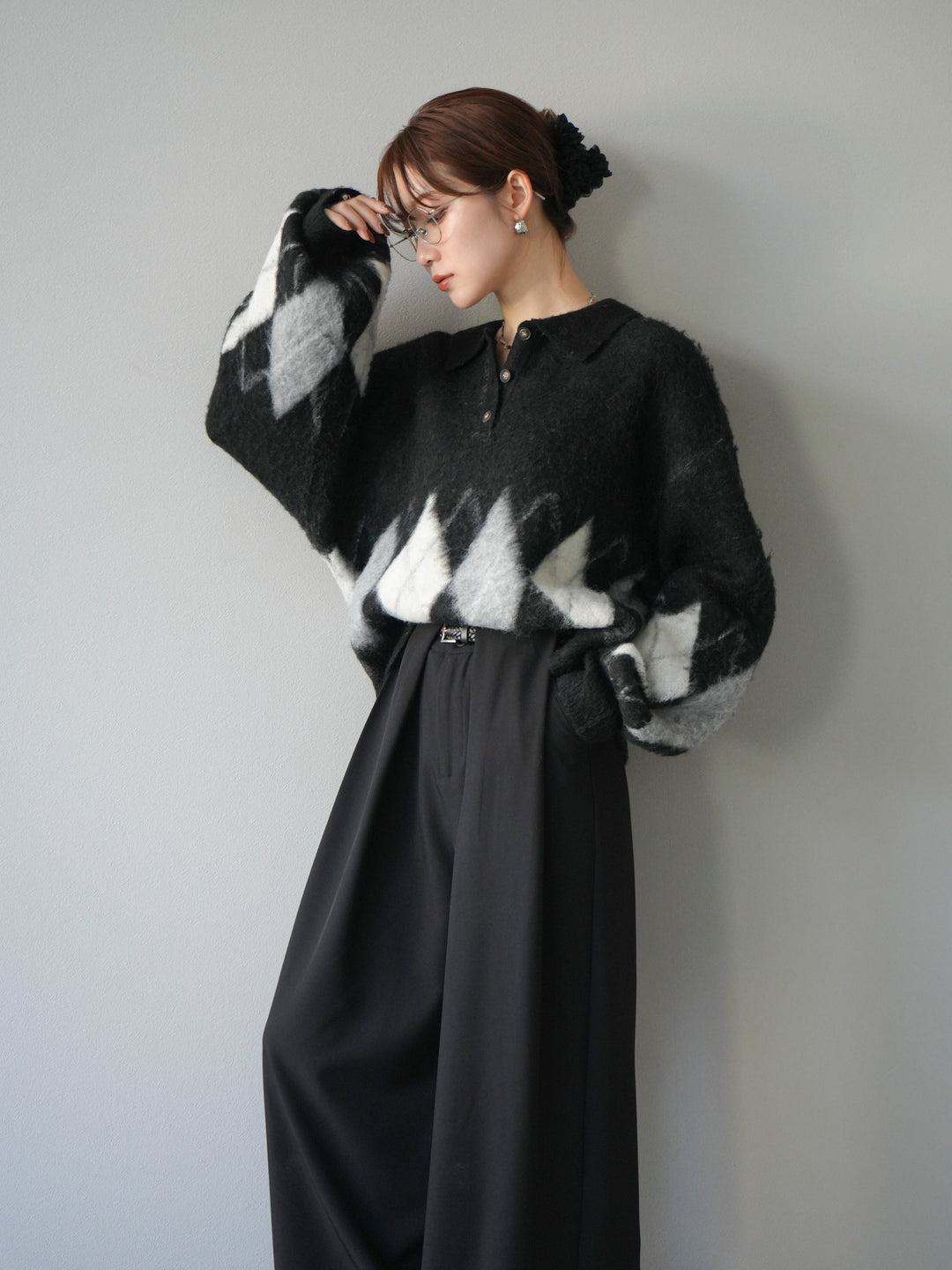 [予約]アーガイル柄ルーズポロニットプルオーバー/black