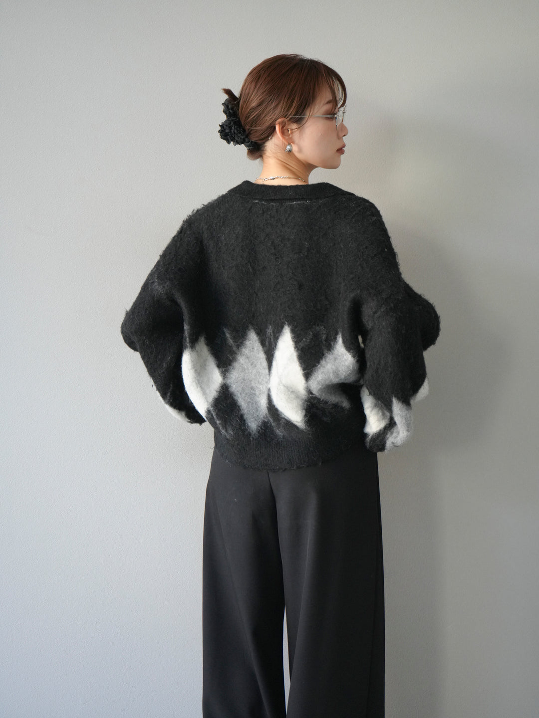 [SET]アーガイル柄ルーズポロニットプルオーバー+ベルトループデザインワイドパンツ(2set)