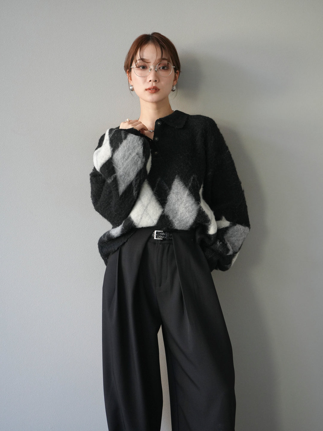 [SET]アーガイル柄ルーズポロニットプルオーバー+ベルトループデザインワイドパンツ(2set)