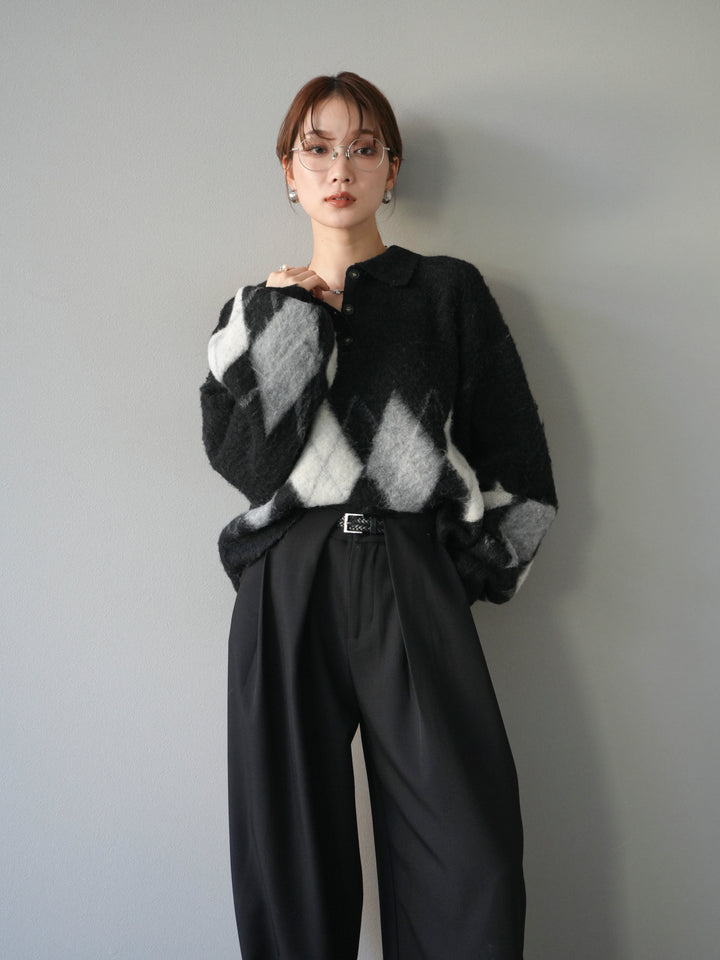 [予約]アーガイル柄ルーズポロニットプルオーバー/black