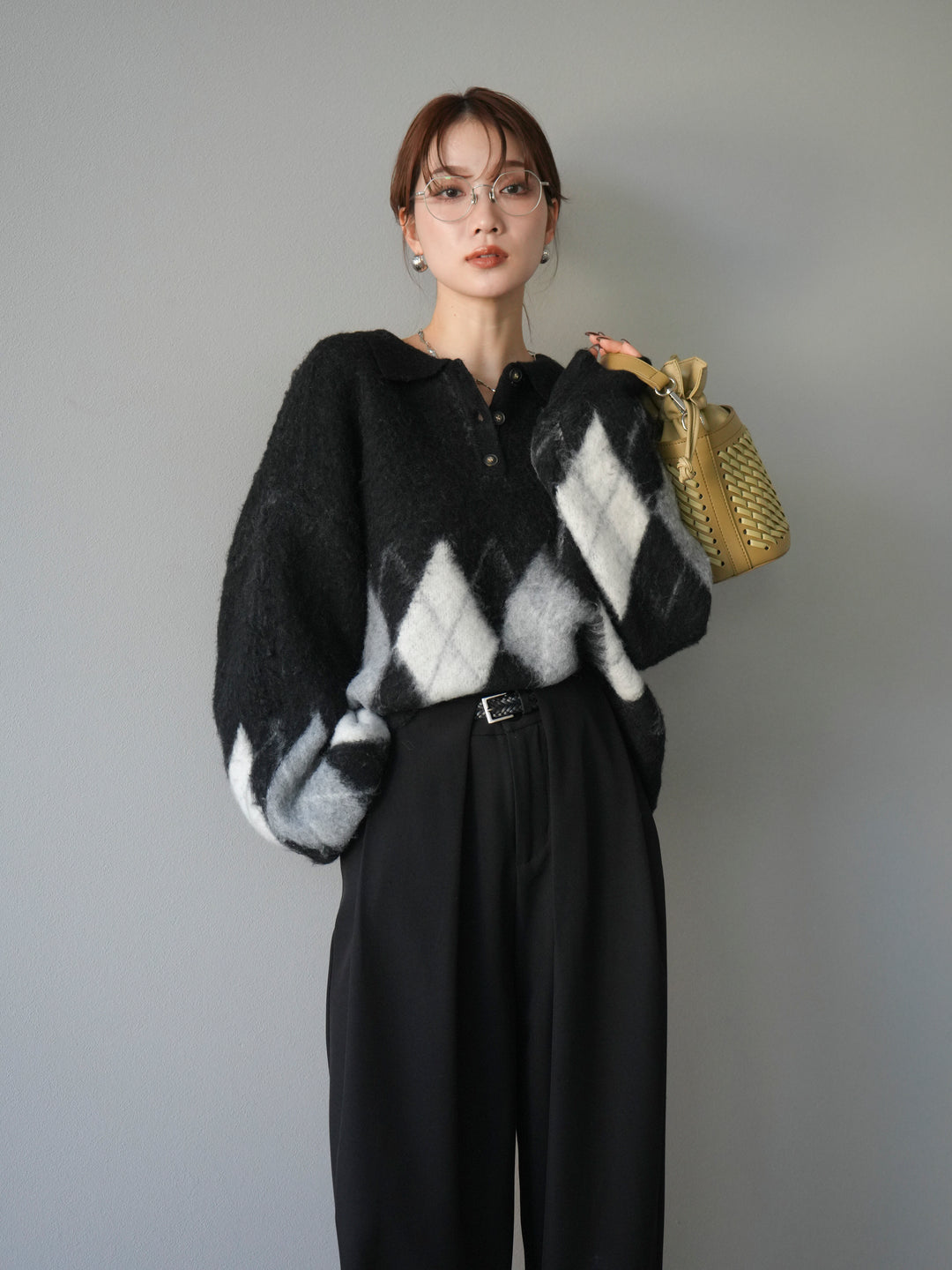 [SET]アーガイル柄ルーズポロニットプルオーバー+ベルトループデザインワイドパンツ(2set)