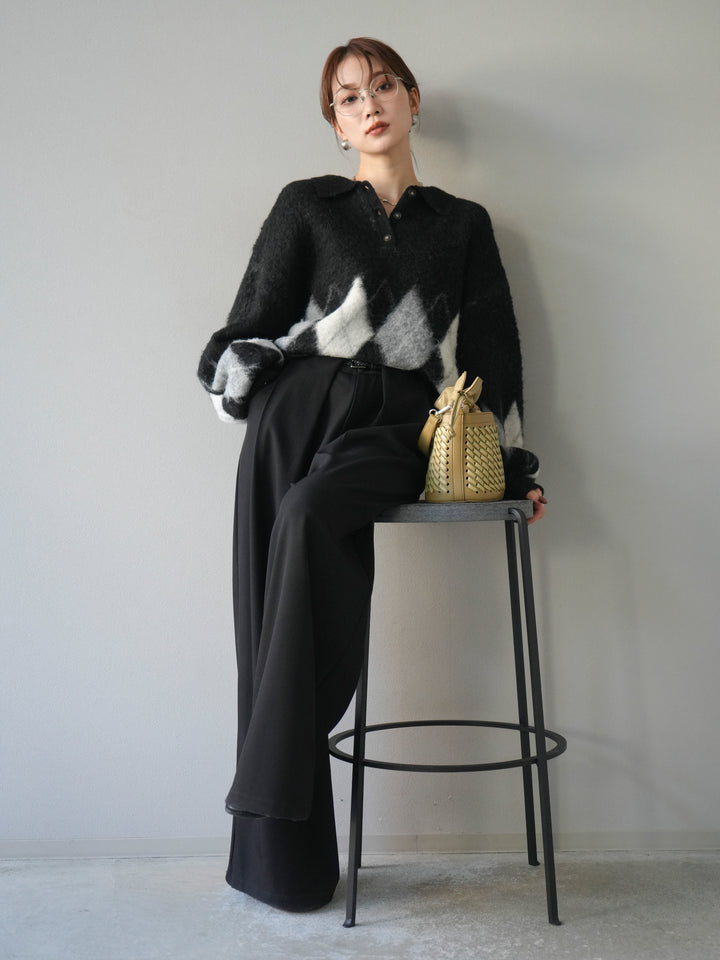 [予約]アーガイル柄ルーズポロニットプルオーバー/black