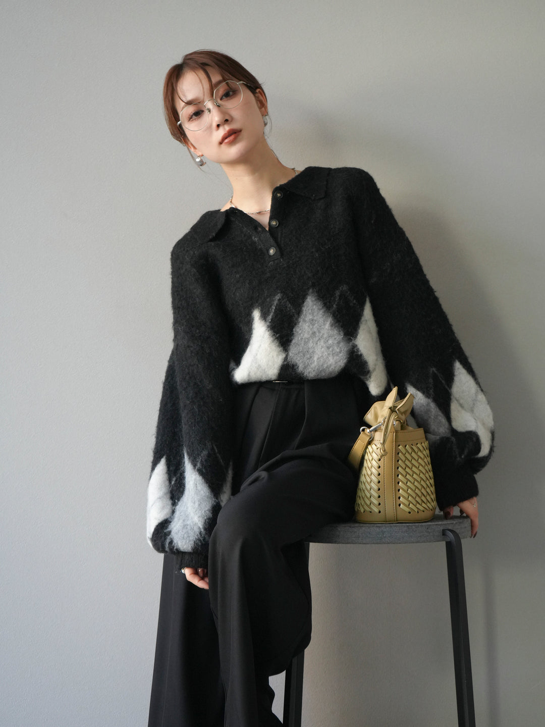 [SET]アーガイル柄ルーズポロニットプルオーバー+ベルトループデザインワイドパンツ(2set)