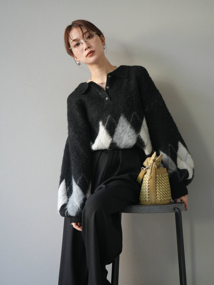 [予約]アーガイル柄ルーズポロニットプルオーバー/black