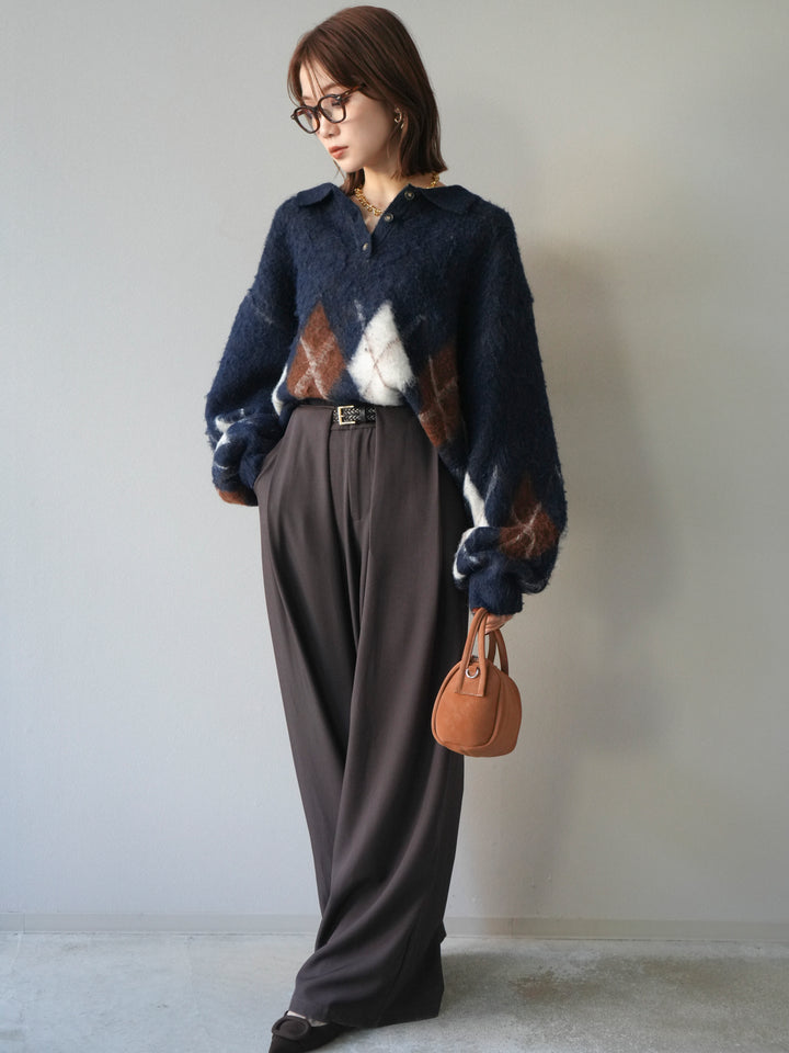 [SET]アーガイル柄ルーズポロニットプルオーバー+ベルトループデザインワイドパンツ(2set)