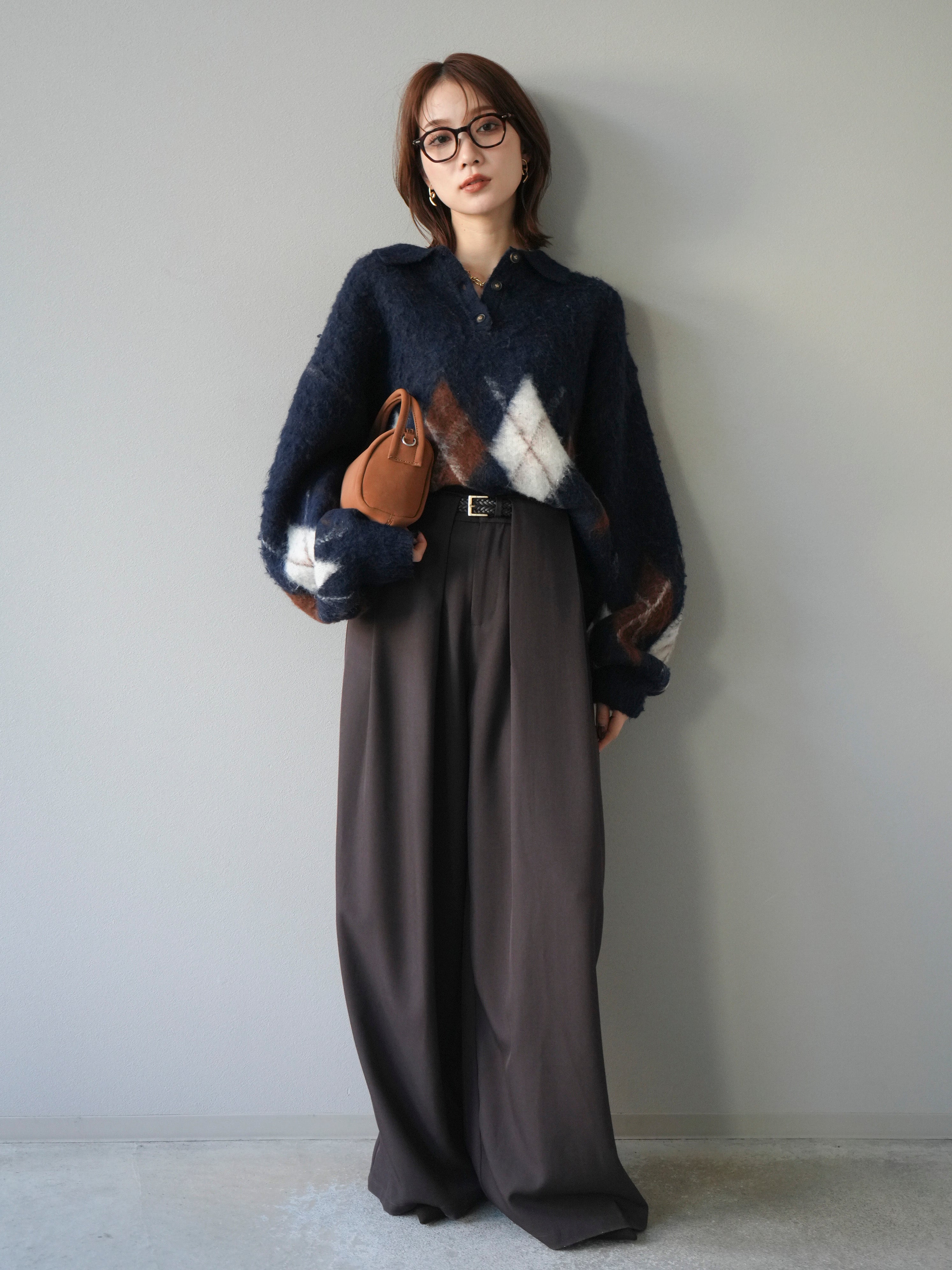 SET]アーガイル柄ルーズポロニットプルオーバー+ベルトループデザイン