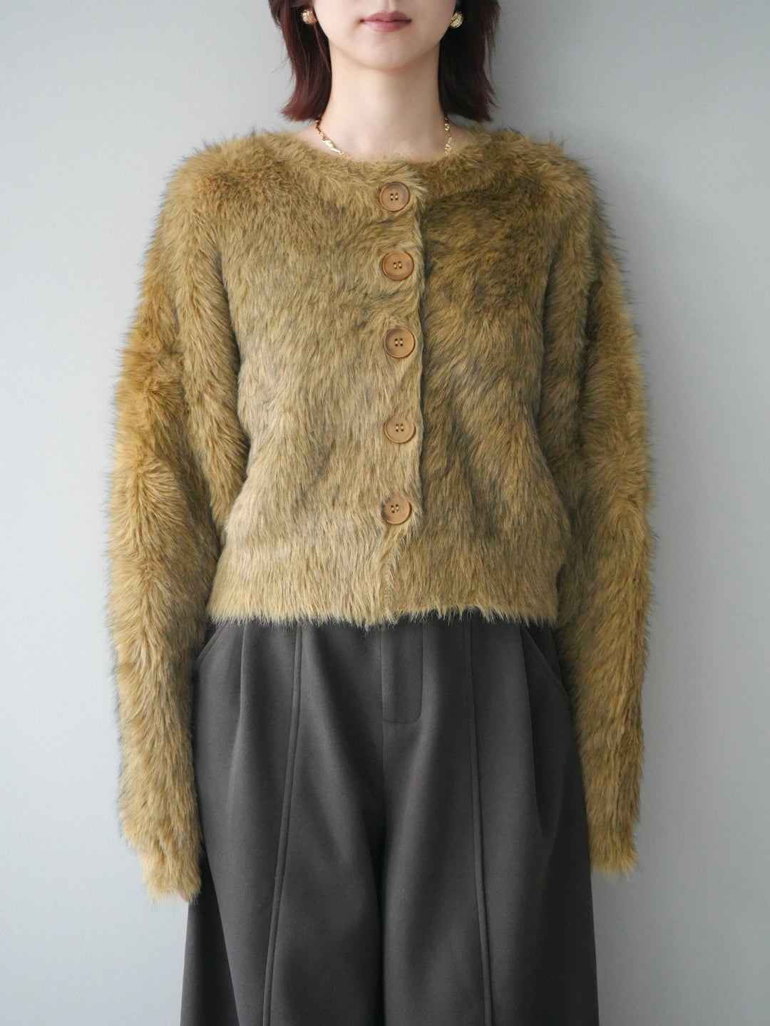 [予約]ミックスシャギーショートニットカーディガン/green