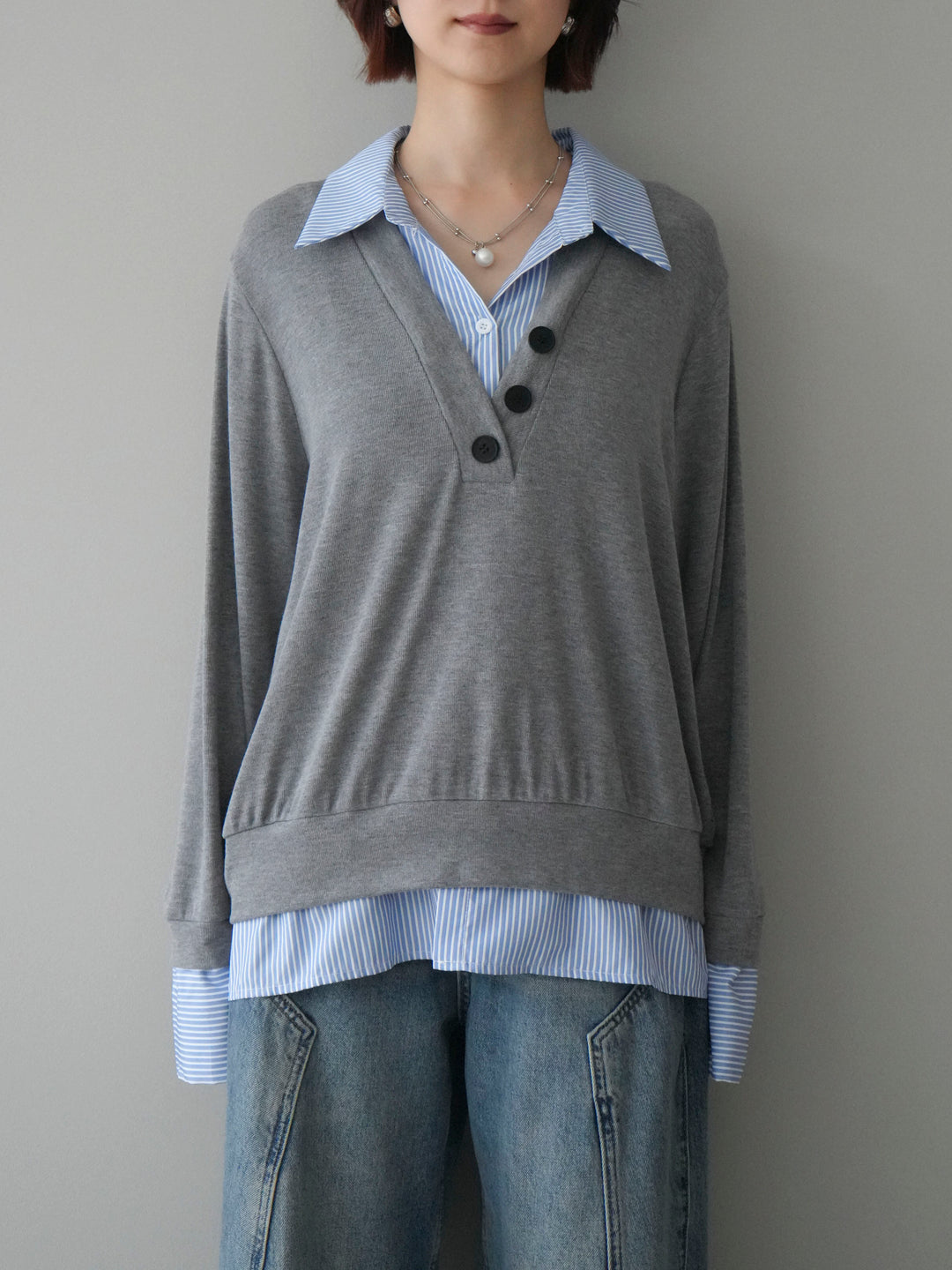 [予約]シャツレイヤードデザインカットプルオーバー/lightgray