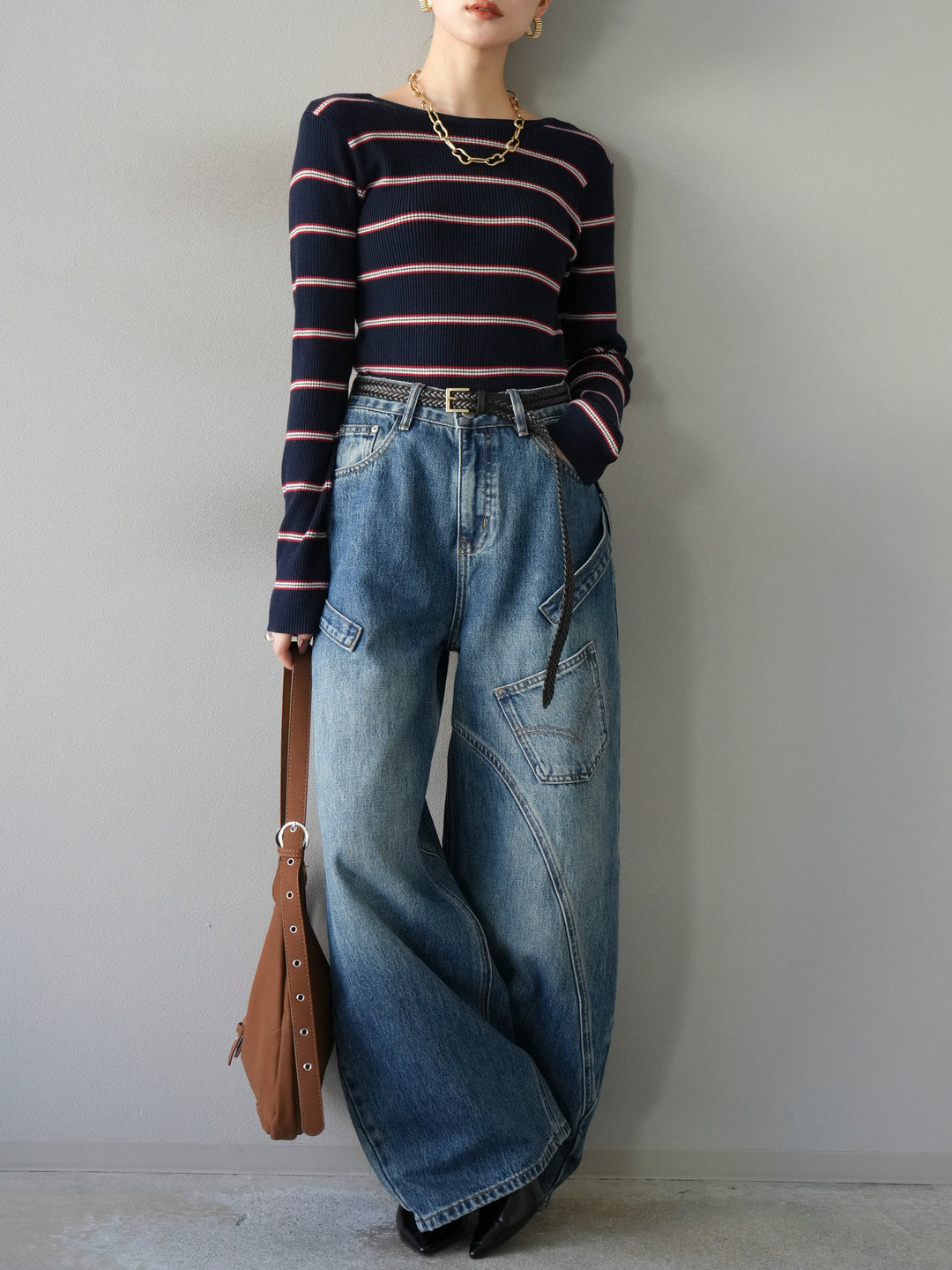 【SET】後開條紋毛圈羅紋上衣+畫家曲線牛仔褲（2件組）