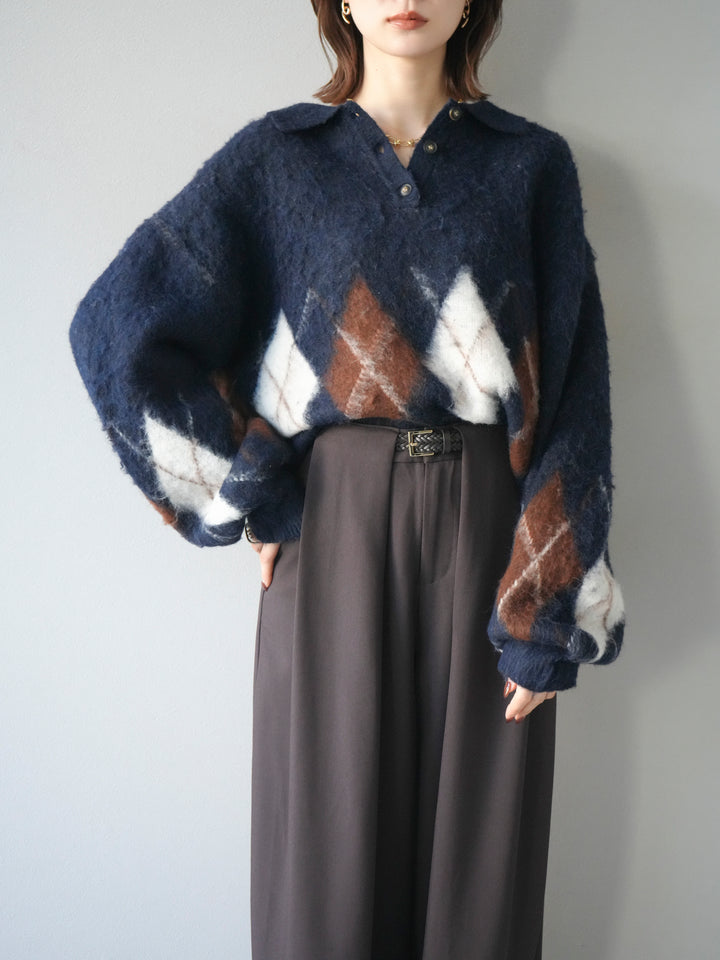 [予約]アーガイル柄ルーズポロニットプルオーバー/navy