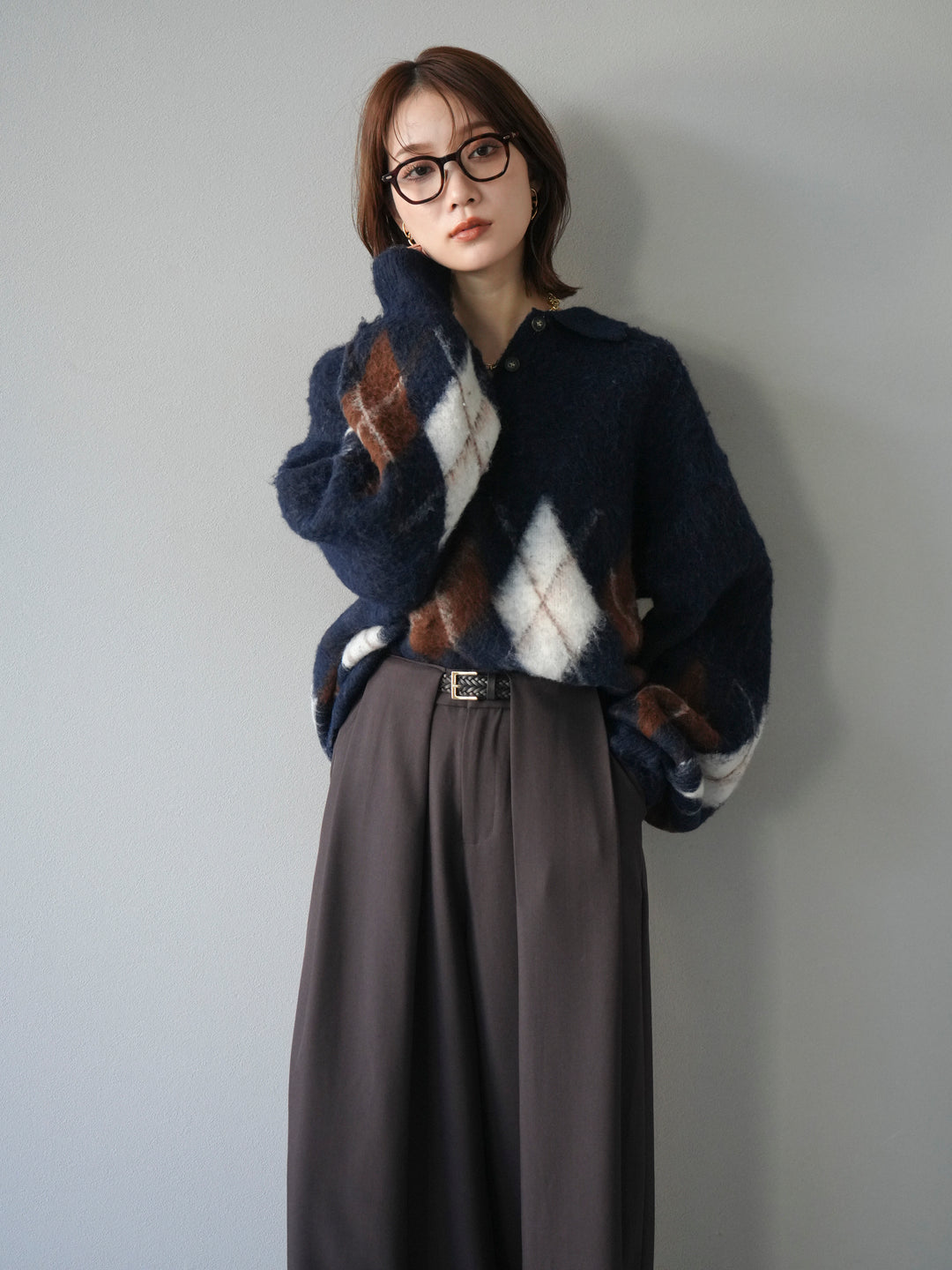 [予約]アーガイル柄ルーズポロニットプルオーバー/navy