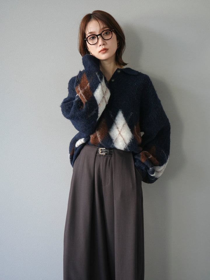 [予約]アーガイル柄ルーズポロニットプルオーバー/navy