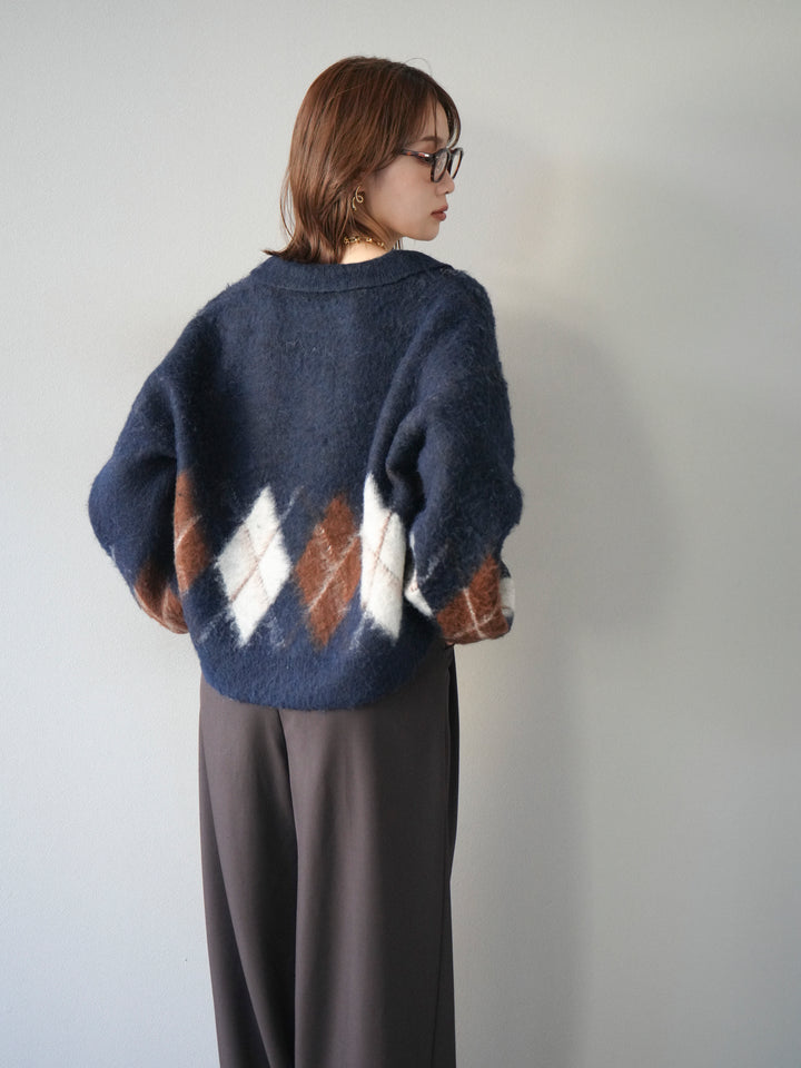 [予約]アーガイル柄ルーズポロニットプルオーバー/navy
