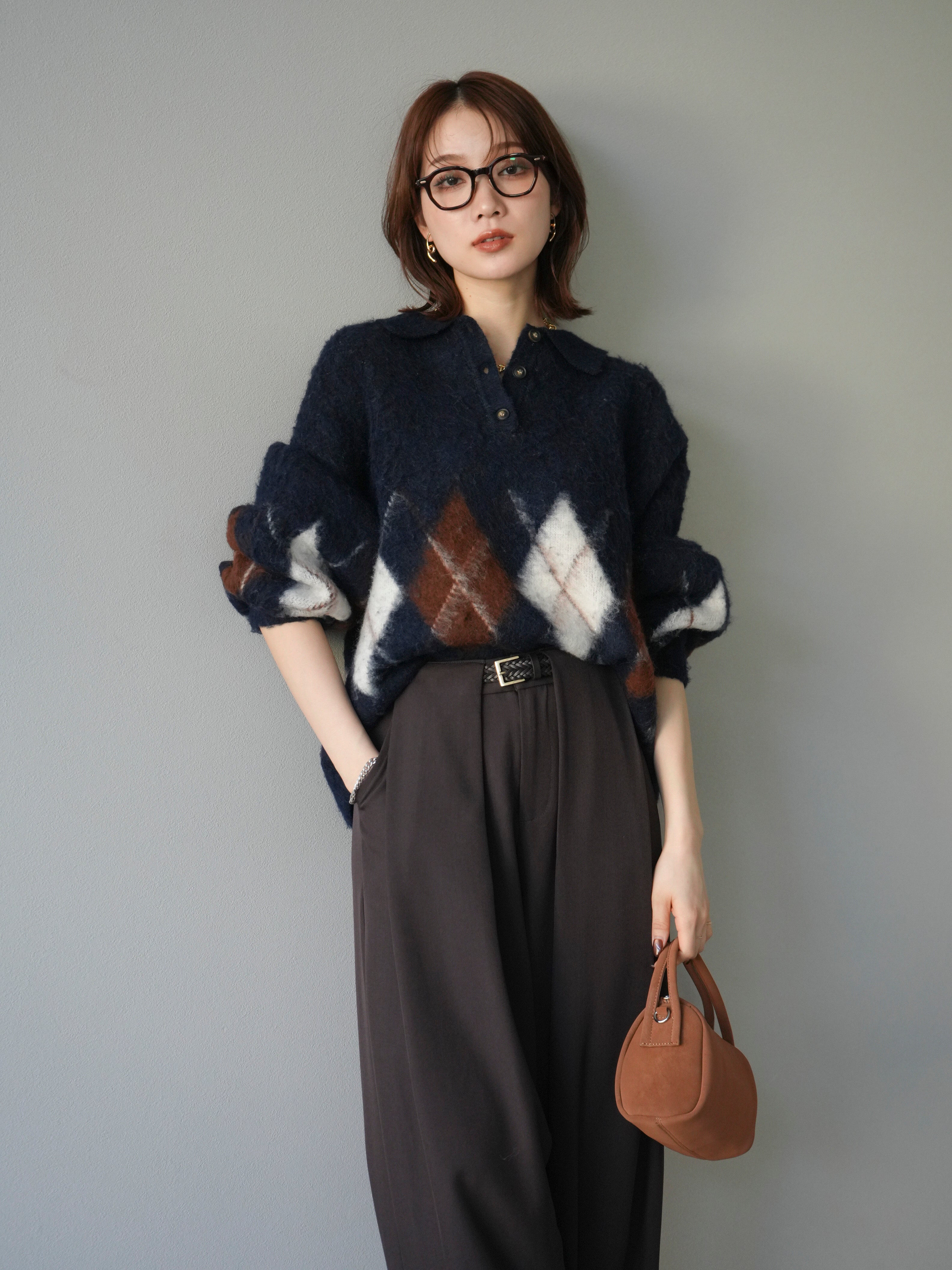 予約]アーガイル柄ルーズポロニットプルオーバー/navy – Lumier
