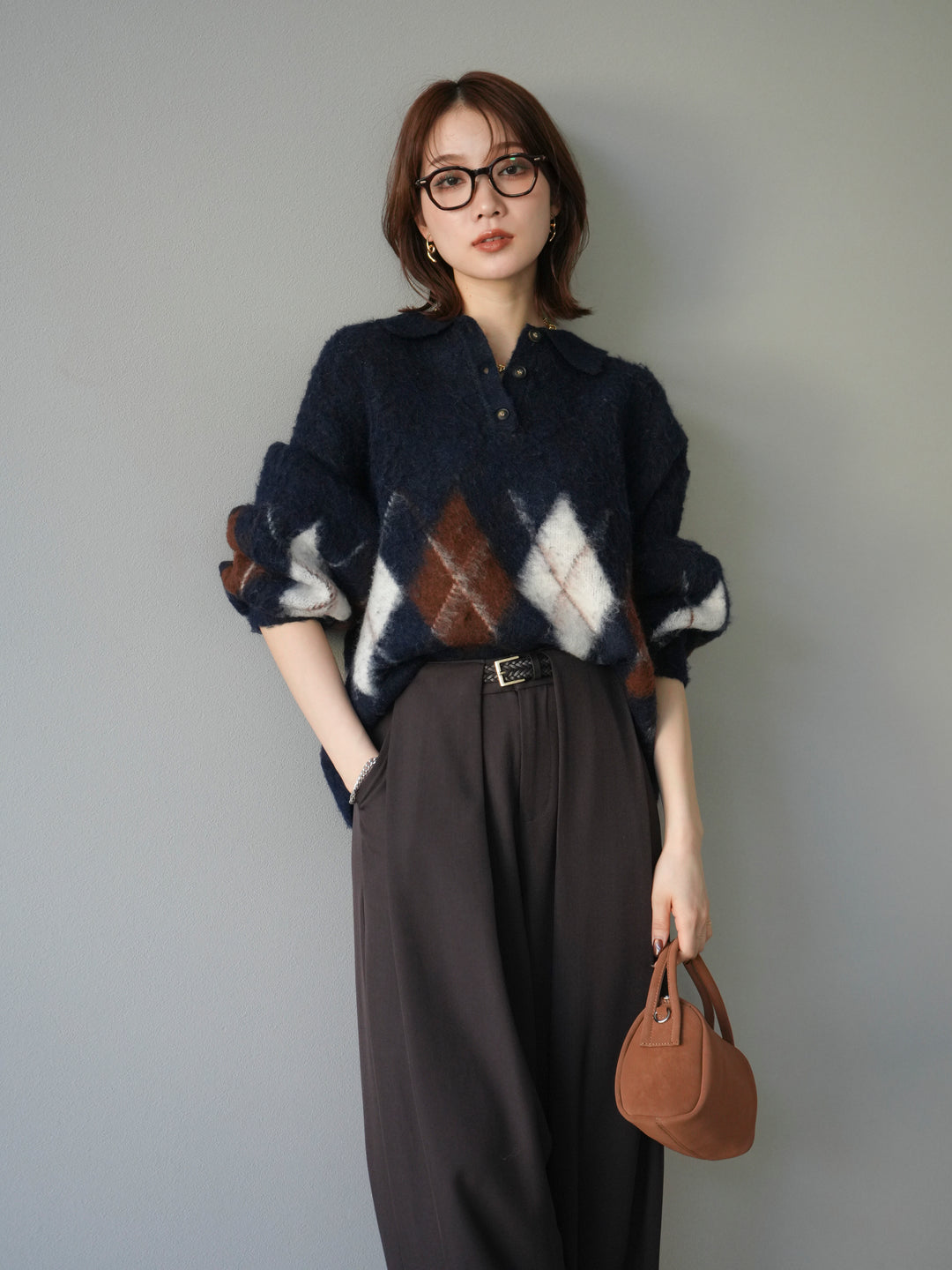 [予約]アーガイル柄ルーズポロニットプルオーバー/navy