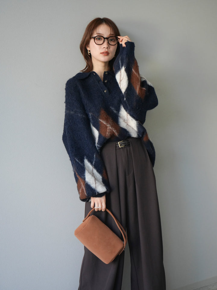 [予約]アーガイル柄ルーズポロニットプルオーバー/navy
