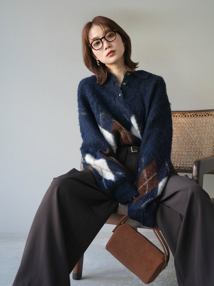 [予約]アーガイル柄ルーズポロニットプルオーバー/navy