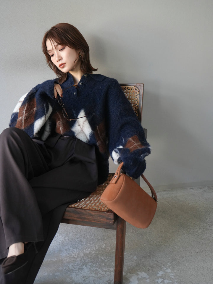 [予約]アーガイル柄ルーズポロニットプルオーバー/navy