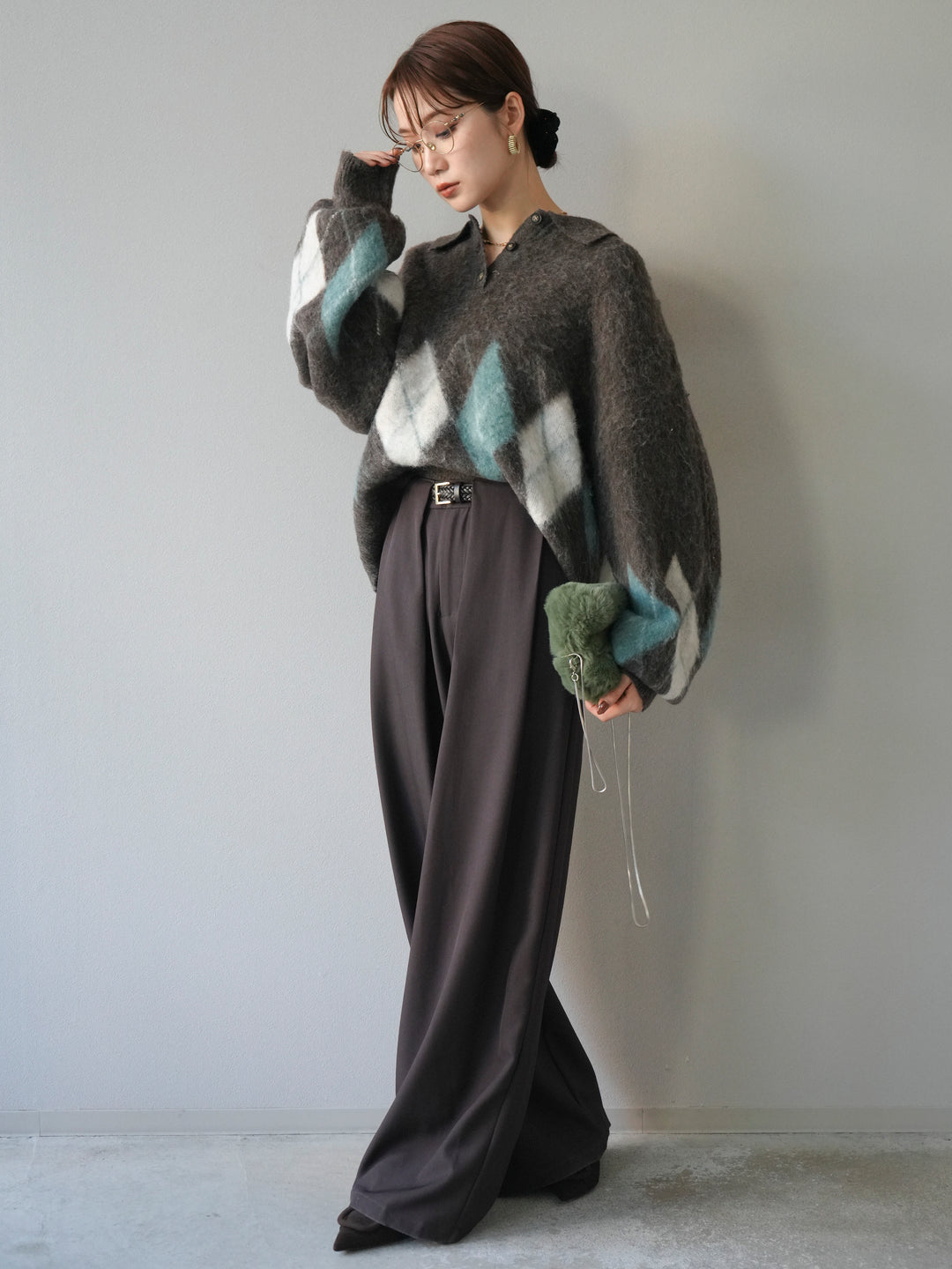 [SET]アーガイル柄ルーズポロニットプルオーバー+ベルトループデザインワイドパンツ(2set)