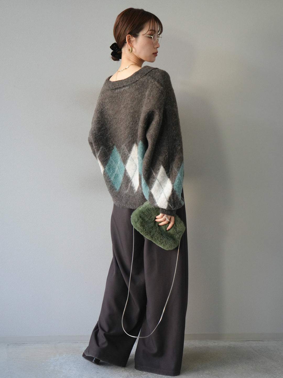 [SET]アーガイル柄ルーズポロニットプルオーバー+ベルトループデザインワイドパンツ(2set)