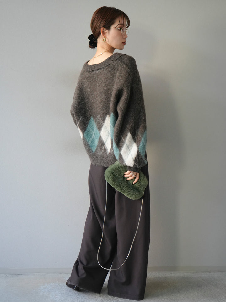 [SET]アーガイル柄ルーズポロニットプルオーバー+ベルトループデザインワイドパンツ(2set)