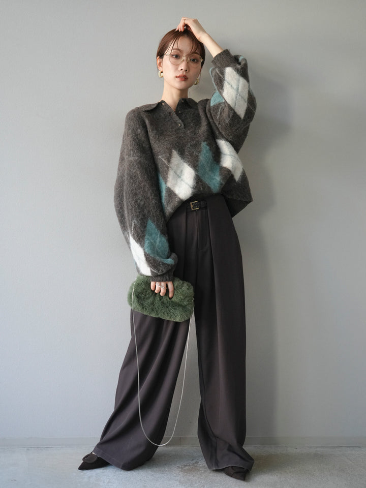 [SET]アーガイル柄ルーズポロニットプルオーバー+ベルトループデザインワイドパンツ(2set)