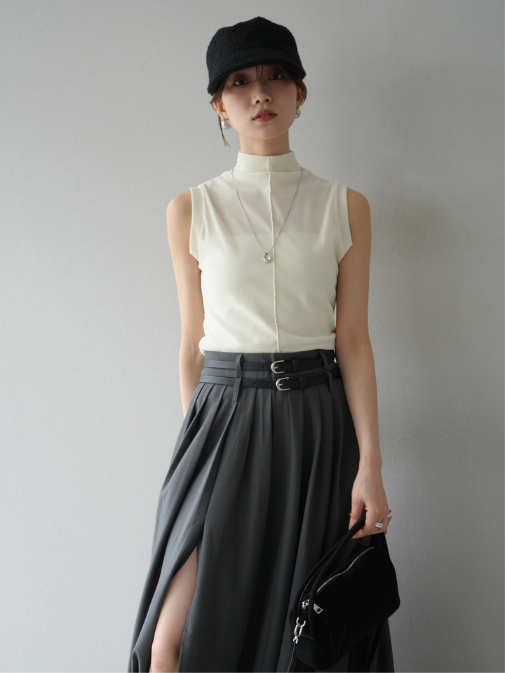 [SET]シアーベロアプチネックノースリーブトップス+エステルプリーツスリットスカート(2set)